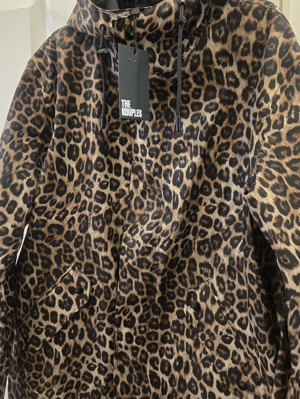 NWT The Kooples Leopard Print Hooded Zip Long Rain Coat Men’s XS (Women S)